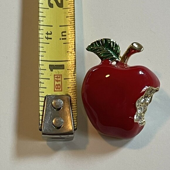 Apple Shaped Red Enamel Brooch With Rhinestone Bite - Picture 4 of 5